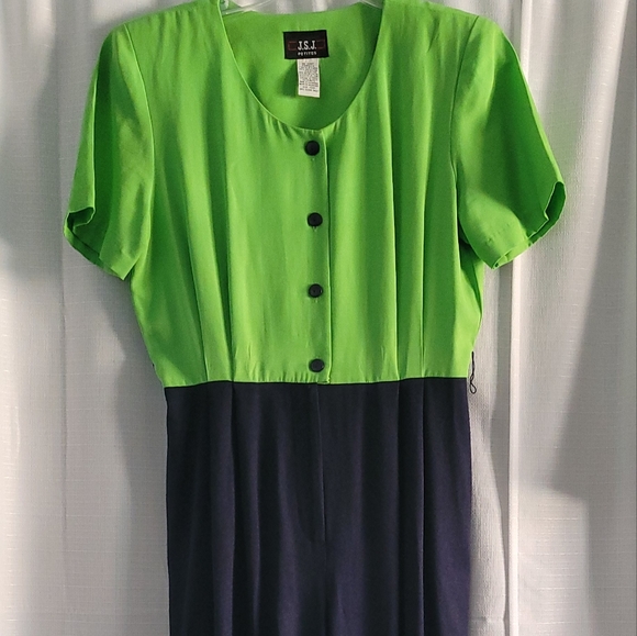 Vintage J.S.J. Petites Jumpsuit Size 10P Vibrant Green and Navy 80s Neon - Picture 4 of 10